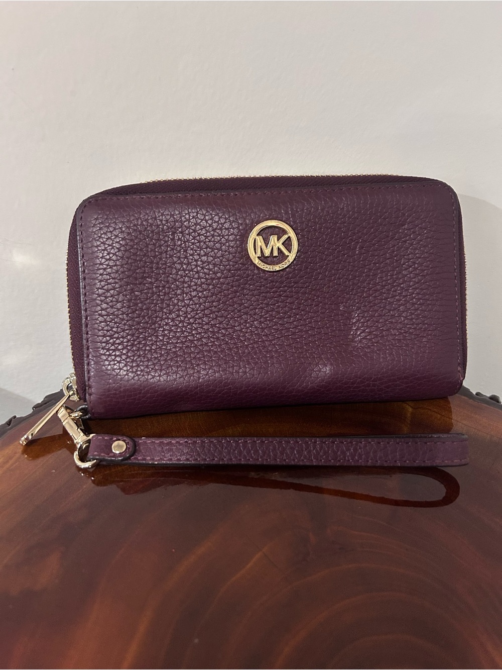 Michael Kors Deep Plum Pebbled Leather Wristlet Wallet with Gold MK Logo